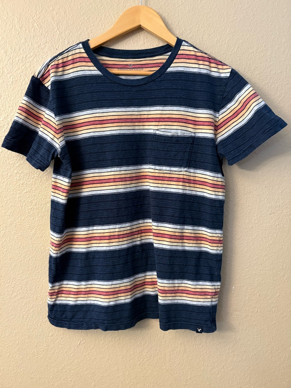 American Eagle Men's Retro Striped Pocket T-Shirt Medium 100% Cotton Navy - Picture 2 of 9